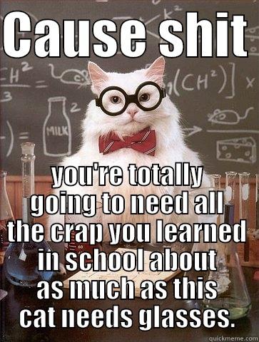 CAUSE SHIT  YOU'RE TOTALLY GOING TO NEED ALL THE CRAP YOU LEARNED IN SCHOOL ABOUT AS MUCH AS THIS CAT NEEDS GLASSES. Chemistry Cat