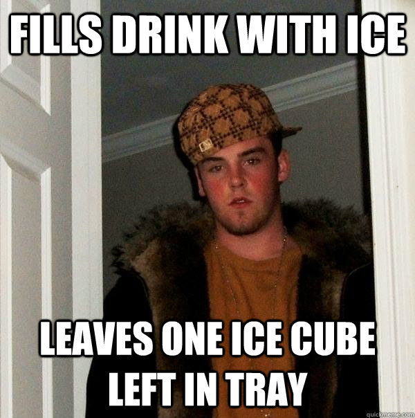 Fills drink with ice Leaves one ice cube left in tray  Scumbag Steve