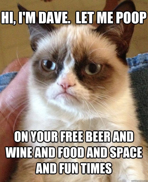 hi, i'm dave.  let me poop on your free beer and wine and food and space and fun times  Grumpy Cat