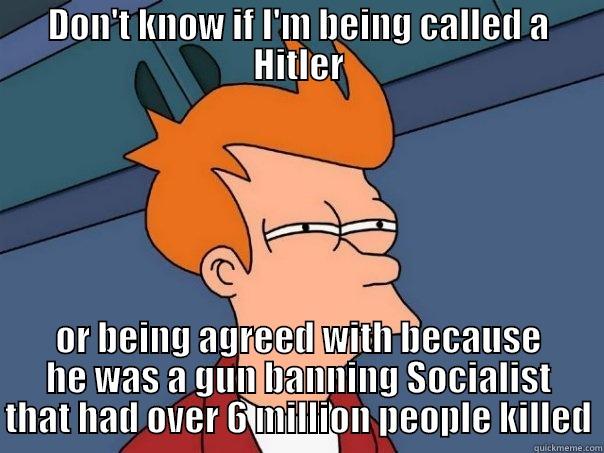 DON'T KNOW IF I'M BEING CALLED A HITLER OR BEING AGREED WITH BECAUSE HE WAS A GUN BANNING SOCIALIST THAT HAD OVER 6 MILLION PEOPLE KILLED Futurama Fry