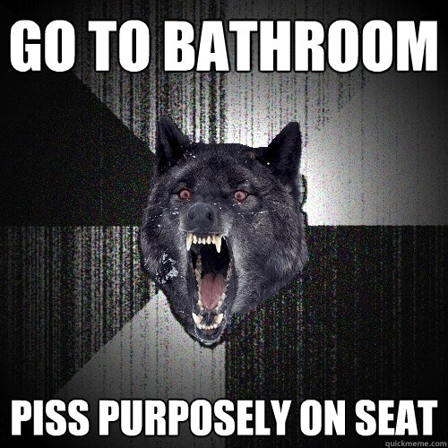 go to bathroom  piss purposely on seat  Insanity Wolf