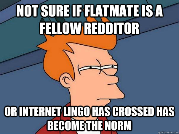 Not sure if flatmate is a fellow Redditor Or internet lingo has crossed has become the norm  Futurama Fry