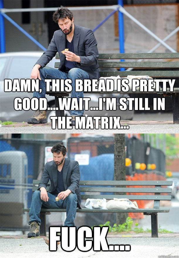 Damn, this bread is pretty good....wait...I'm still in the MAtrix... Fuck....  Sad Keanu