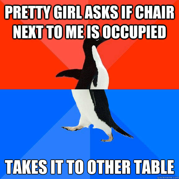 pretty girl asks if chair next to me is occupied takes it to other table  