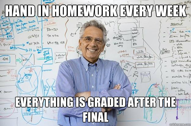 Hand in homework every week everything is graded after the final - Hand in homework every week everything is graded after the final  Engineering Professor