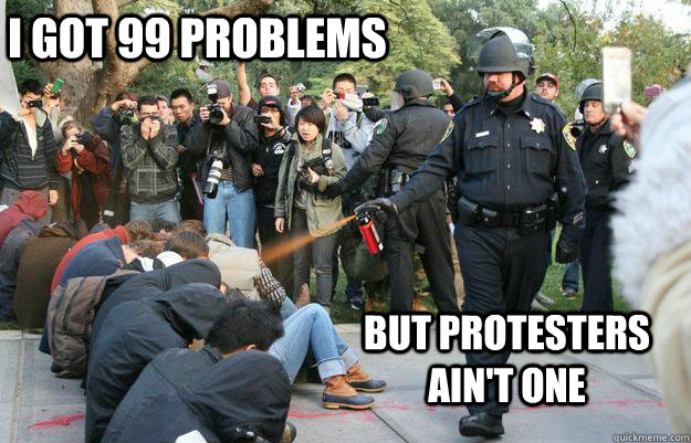 I got 99 problems but protesters ain't one  Pimp Pepper Spray Cop