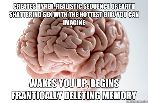 Creates hyper-realistic sequence of earth shattering sex with the hottest girl you can imagine wakes you up, begins frantically deleting memory  Scumbag Brain