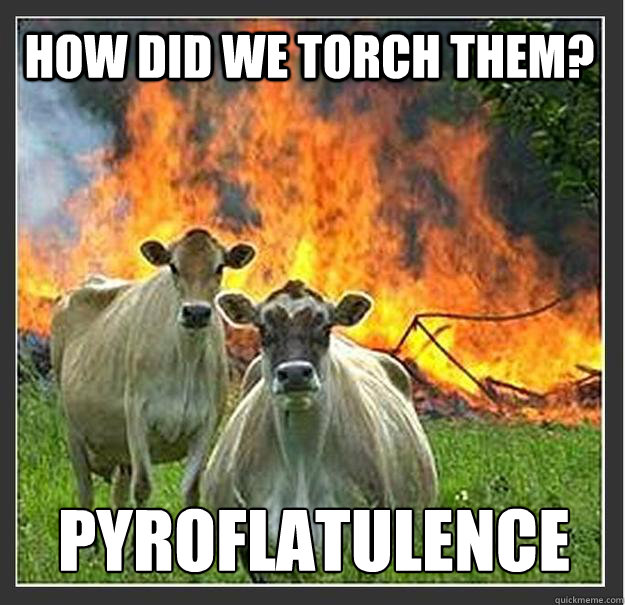 How did we torch them? pyroflatulence
 - How did we torch them? pyroflatulence
  Evil cows