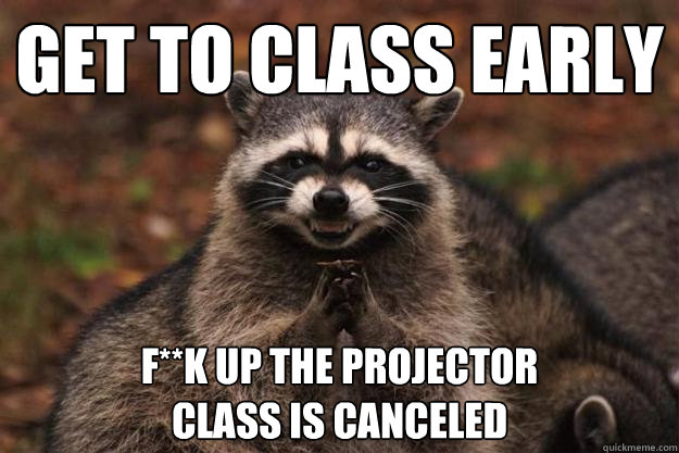 get to class early f**k up the projector 
class is canceled  Evil Plotting Raccoon