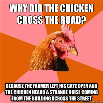 Why did the chicken cross the road? because the farmer left his gate open and the chicken heard a strange noise coming from the building across the street - Why did the chicken cross the road? because the farmer left his gate open and the chicken heard a strange noise coming from the building across the street  Anti-Joke Chicken