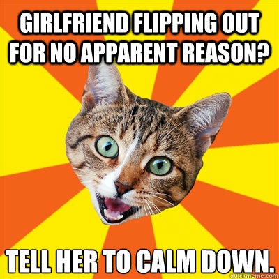 Girlfriend flipping out for no apparent reason? Tell her to calm down.  Bad Advice Cat