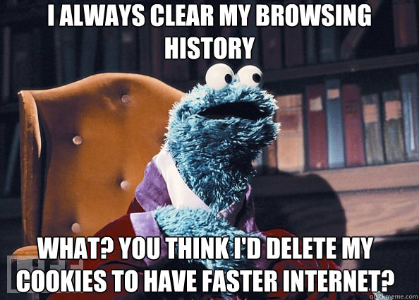 I always clear my browsing history What? you think i'd delete my cookies to have faster internet?  Cookie Monster