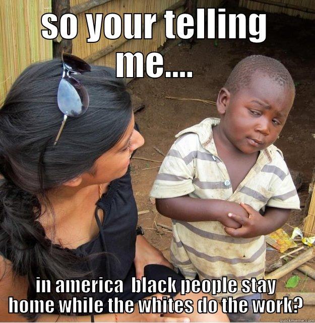 truth hurts - SO YOUR TELLING ME.... IN AMERICA  BLACK PEOPLE STAY HOME WHILE THE WHITES DO THE WORK? Skeptical Third World Kid