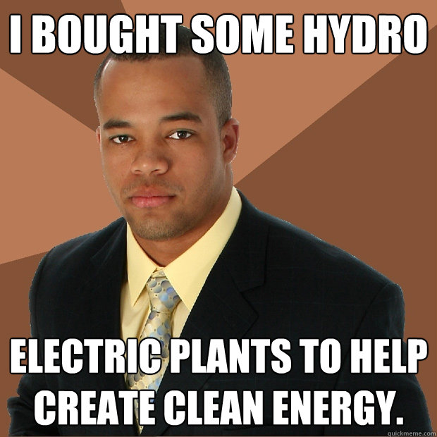 I bought some hydro electric plants to help create clean energy.  Successful Black Man