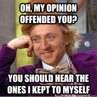 Oh, my opinion offended you? you should hear the ones i kept to myself  Condescending Wonka