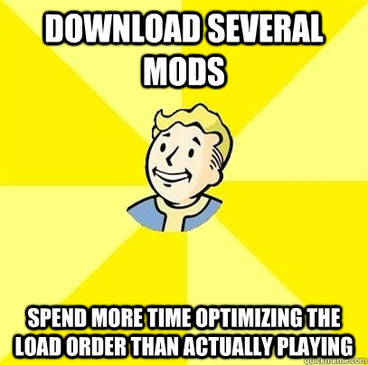 Download several mods  Spend more time optimizing the load order than actually playing - Download several mods  Spend more time optimizing the load order than actually playing  Fallout 3