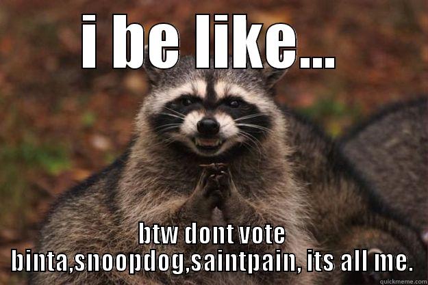 I BE LIKE... BTW DONT VOTE BINTA,SNOOPDOG,SAINTPAIN, ITS ALL ME. Evil Plotting Raccoon