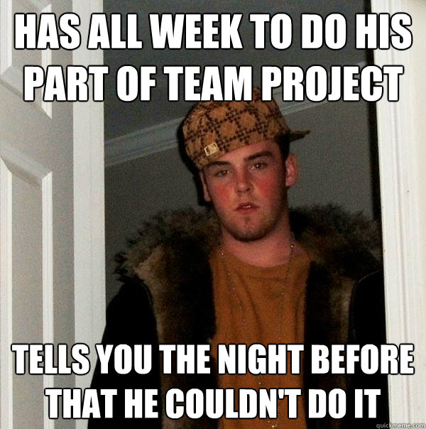 HAS ALL WEEK TO DO HIS PART OF TEAM PROJECT
 TELLS YOU THE NIGHT BEFORE THAT HE COULDN'T DO IT  Scumbag Steve