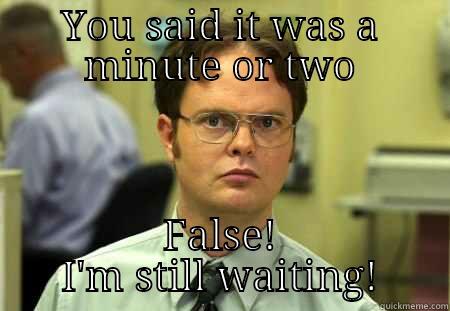 making me wait all the time - YOU SAID IT WAS A MINUTE OR TWO FALSE! I'M STILL WAITING! Schrute