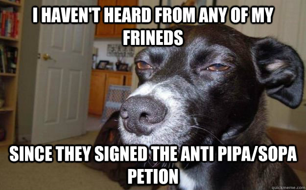 I haven't heard from any of my frineds Since they signed the Anti PIPA/SOPA petion  Skeptical Mutt