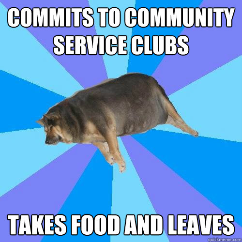 Commits to community service clubs Takes food and leaves  Lazy college student