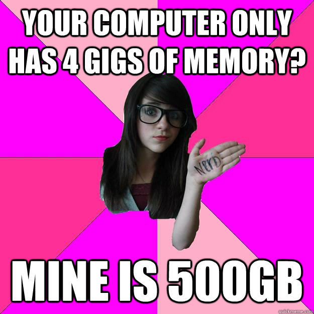 your computer only has 4 GIGS of memory? mine is 500GB  Idiot Nerd Girl