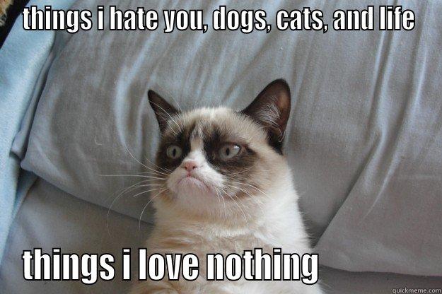 THINGS I HATE YOU, DOGS, CATS, AND LIFE THINGS I LOVE NOTHING                Grumpy Cat