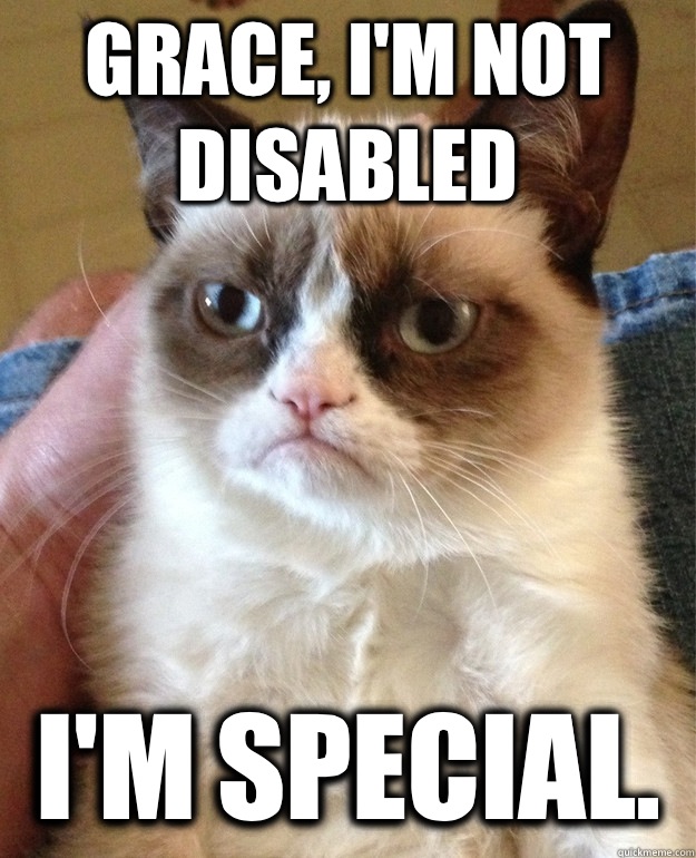 Grace, I'm not disabled I'm special.   Grumpy Cat