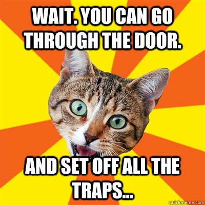 Wait. You can go through the door. And set off all the traps...  Bad Advice Cat