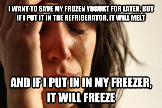 I WANT TO SAVE MY FROZEN YOGURT FOR LATER, BUT IF I PUT IT IN THE REFRIGERATOR, IT WILL MELT AND IF I PUT IN IN MY FREEZER, IT WILL FREEZE - I WANT TO SAVE MY FROZEN YOGURT FOR LATER, BUT IF I PUT IT IN THE REFRIGERATOR, IT WILL MELT AND IF I PUT IN IN MY FREEZER, IT WILL FREEZE  First World Problems