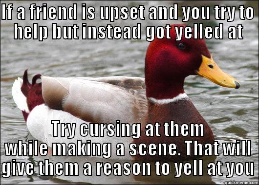 IF A FRIEND IS UPSET AND YOU TRY TO HELP BUT INSTEAD GOT YELLED AT TRY CURSING AT THEM WHILE MAKING A SCENE. THAT WILL GIVE THEM A REASON TO YELL AT YOU Malicious Advice Mallard