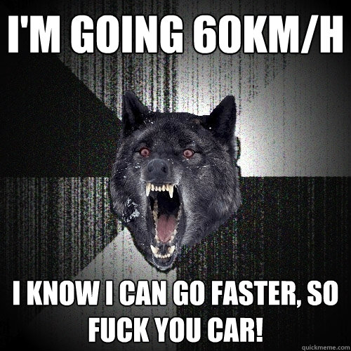 i'm going 60km/h I KNOW I CAN GO FASTER, SO FUCK YOU CAR!  Insanity Wolf