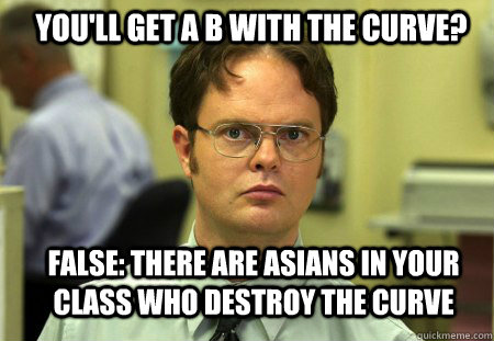 You'll get a B with the curve? FALSE: there are asians in your class who destroy the curve  Schrute