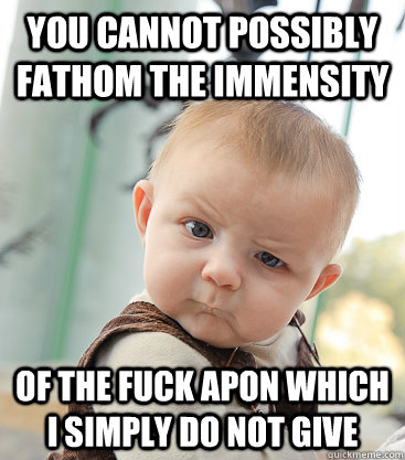 You cannot possibly fathom the immensity of the fuck apon which i simply do not give  skeptical baby