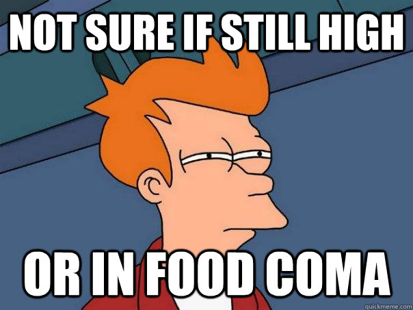 Not sure if still high  or in food coma  Futurama Fry