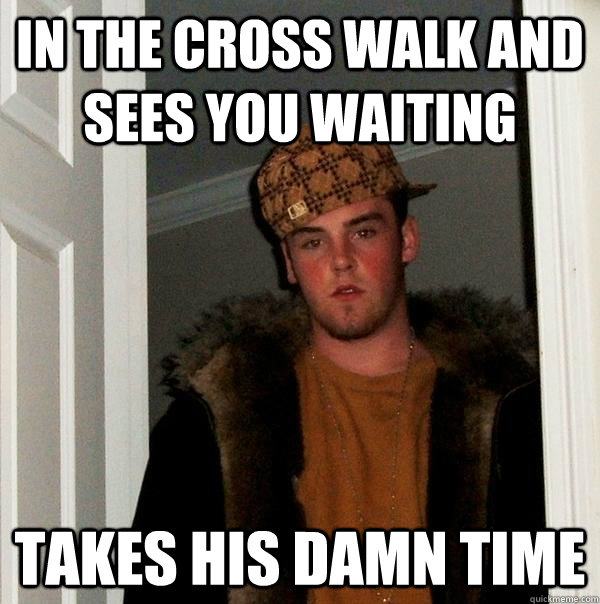 IN THE CROSS WALK AND SEES YOU WAITING TAKES HIS DAMN TIME  Scumbag Steve