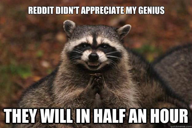 reddit didn't appreciate my genius they will in half an hour - reddit didn't appreciate my genius they will in half an hour  Evil Plotting Raccoon