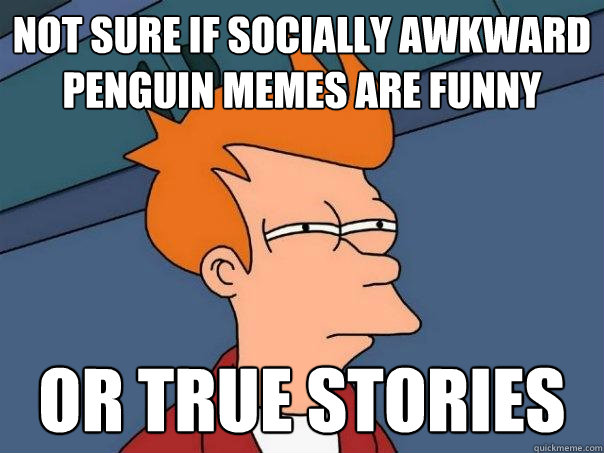 not sure if Socially Awkward Penguin memes are funny or true stories  Futurama Fry