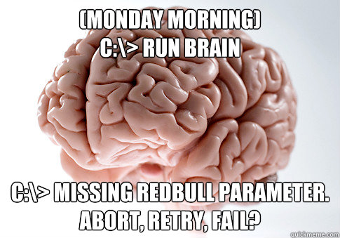 (Monday morning)
c:\> run brain c:\> missing redbull parameter. Abort, Retry, Fail?  Scumbag Brain