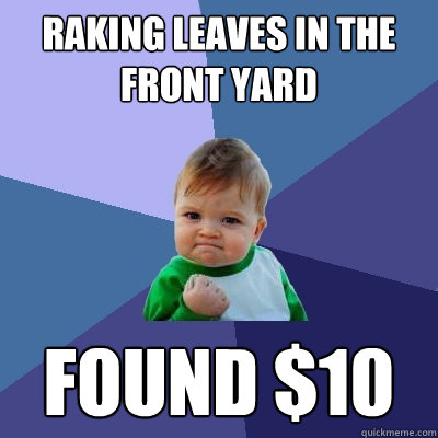 Raking leaves in the front yard Found $10 - Raking leaves in the front yard Found $10  Success Kid