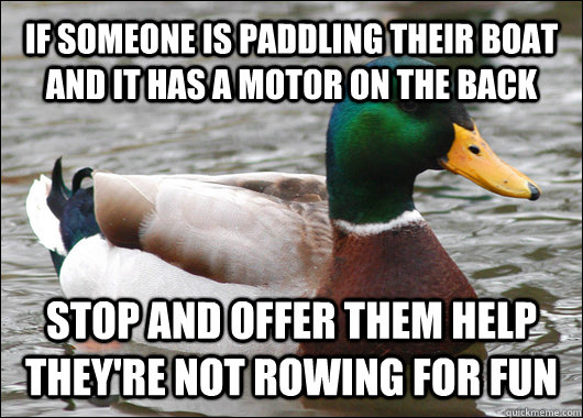 If someone is paddling their boat and it has a motor on the back Stop and offer them help they're not rowing for fun - If someone is paddling their boat and it has a motor on the back Stop and offer them help they're not rowing for fun  Actual Advice Mallard