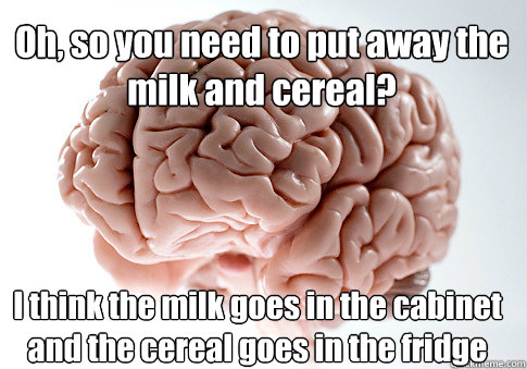 Oh, so you need to put away the milk and cereal? I think the milk goes in the cabinet and the cereal goes in the fridge  Scumbag Brain