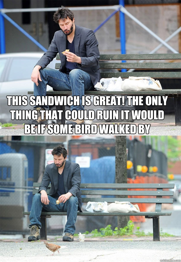 this sandwich is great! the only thing that could ruin it would be if some bird walked by   Sad Keanu