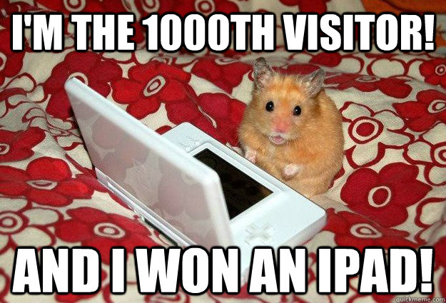 I'm the 1000th visitor! And I won an iPad!  First Day on the Internet Hamster