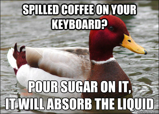 SPILLED COFFEE ON YOUR KEYBOARD? POUR SUGAR ON IT,
IT WILL ABSORB THE LIQUID - SPILLED COFFEE ON YOUR KEYBOARD? POUR SUGAR ON IT,
IT WILL ABSORB THE LIQUID  Malicious Advice Mallard