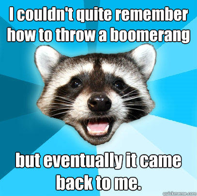 I couldn't quite remember how to throw a boomerang but eventually it came back to me. - I couldn't quite remember how to throw a boomerang but eventually it came back to me.  Lame Pun Coon