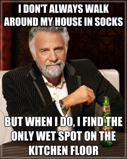 I don't always walk around my house in socks but when I do, i find the only wet spot on the kitchen floor  