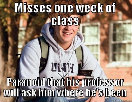 MISSES ONE WEEK OF CLASS PARANOID THAT HIS PROFESSOR WILL ASK HIM WHERE HE'S BEEN College Freshman