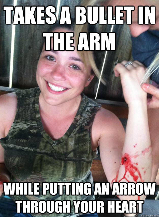 Takes a bullet in the arm  While putting an arrow through your heart - Takes a bullet in the arm  While putting an arrow through your heart  Ridiculously Photogenic Gunshot Victim