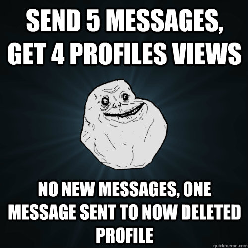 Send 5 messages, get 4 profiles views No new messages, one message sent to now deleted profile - Send 5 messages, get 4 profiles views No new messages, one message sent to now deleted profile  Forever Alone